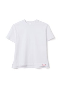 T-shirt bianco a maniche corte in cotone. Presenta un collo tondo, una vestibilità comoda e un piccolo logo rosso sul lato sinistro in basso.