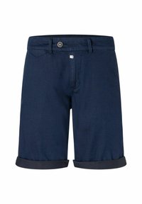 Navy blue denim shorts with rolled cuffs, featuring a front button closure, belt loops, and a small logo tag on the waistband.