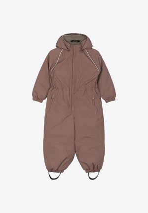 Brauner isolierter Overall mit Kapuze, elastischen Bündchen und zwei Reißverschlusstaschen. Reflektierende Akzente und verstellbare Fußriemen an den Knöcheln.