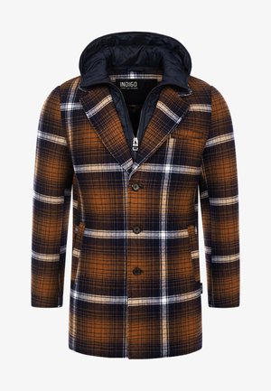 Brown and navy plaid coat with a detachable black hood, two front pockets, three buttons, and a quilted inner lining.