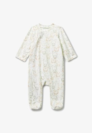 Weißer Baby-Overall mit langen Ärmeln und Füßchen, versehen mit einem ganzflächigen Muster von umreißenden Cartoon-Hasen in Beige und hellbraun.