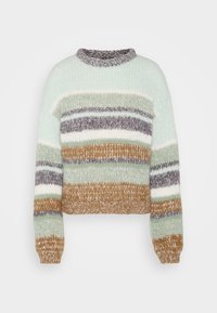 Gestickter Pullover in pastellgrün, grau, braun und weißen Streifen. Verfügt über einen runden Ausschnitt und gerippte Bündchen sowie einen Saum für eine strukturierte Optik.
