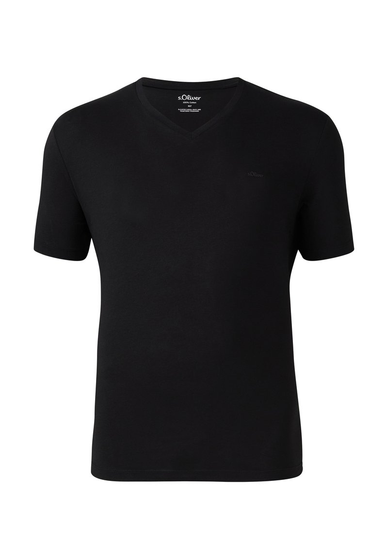Czarna, krótko rękawowa koszulka V-neck z miękkiej bawełny, z dyskretnym logo nad lewą piersią, o prostym wzornictwie, w regularnym kroju.