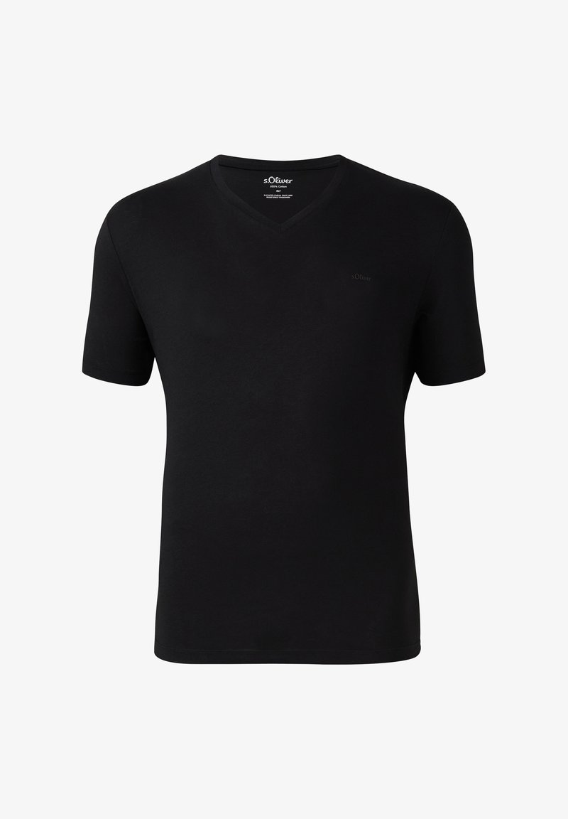 Zwarte T-shirt met korte mouwen en V-hals, gemaakt van zachte katoen, met een subtiele logo boven de linkerborst, eenvoudige uitstraling, normale pasvorm.