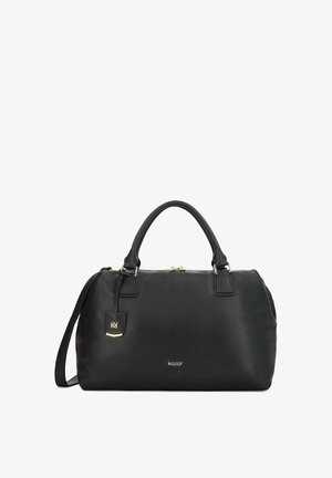 Must mustra nahkakott tekstureeritud pinnaga, kuldsete metalldetailidega, kahekordsete ülemiste käepidemetega ja eemaldatava õlarihmaga. Omab logo silti.