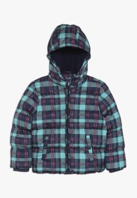 Doudoune à capuche, avec un motif à carreaux bleu marine, sarcelle et bordeaux, fermeture éclair et deux poches avant.