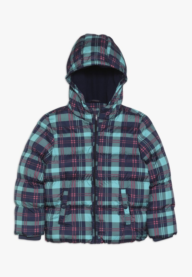 Doudoune à capuche, avec un motif à carreaux bleu marine, sarcelle et bordeaux, fermeture éclair et deux poches avant.