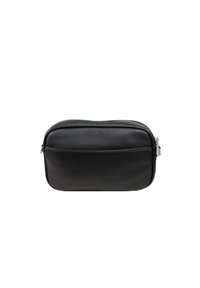 Pochette nera in pelle con finitura texturizzata, forma rettangolare, chiusura con zip superiore e tasca frontale per ulteriore spazio di stoccaggio.