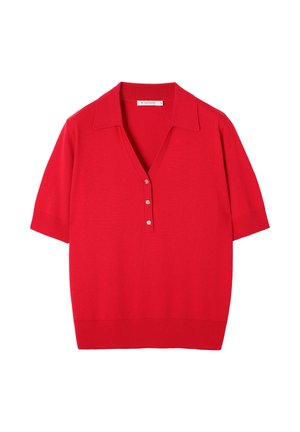 Red short-sleeve knit polo shirt with a V-neck, three buttons, and a flat collar, shown on a white background.