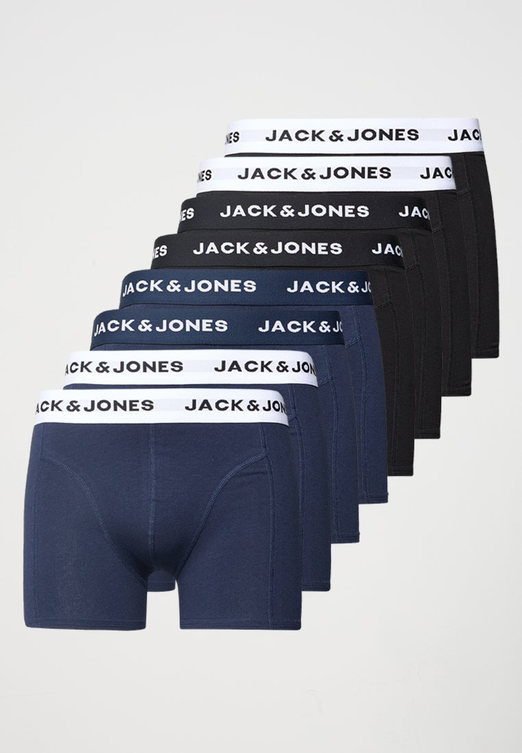 Ensemble de boxer en marine et noir, avec une ceinture élastique blanche portant l'inscription "JACK & JONES". Matière en coton doux, coupe ajustée.