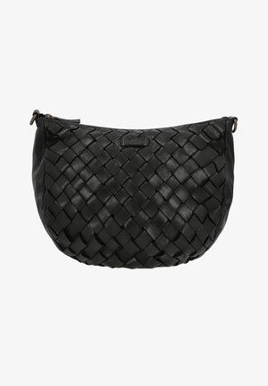 Black leather handbag with a woven texture, rounded shape, top zipper, and a small logo patch. Smooth surface with a glossy finish.
