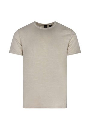 T-shirt beige a maniche corte con scollo rotondo e una texture liscia, mostrata distesa su uno sfondo bianco.