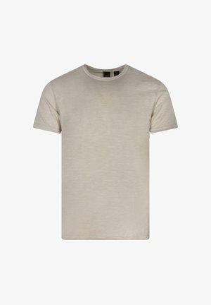 T-shirt beige a maniche corte con scollo rotondo e una texture liscia, mostrata distesa su uno sfondo bianco.