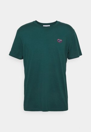 Green cotton t-shirt with short sleeves, a crew neck, and a small embroidered logo in a heart shape on the left chest.