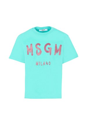 Turkusowa koszulka z krótkim rękawem z odważnymi różowymi napisami "MSGM" i "MILANO" w stylu pędzla; materiał bawełniany, luźny krój.