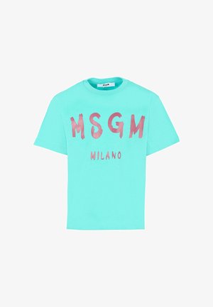 Turquoise t-shirt met korte mouwen met opvallende roze "MSGM" en "MILANO" branding in een penseelstreekstijl; gemaakt van katoen, met een relaxed fit.