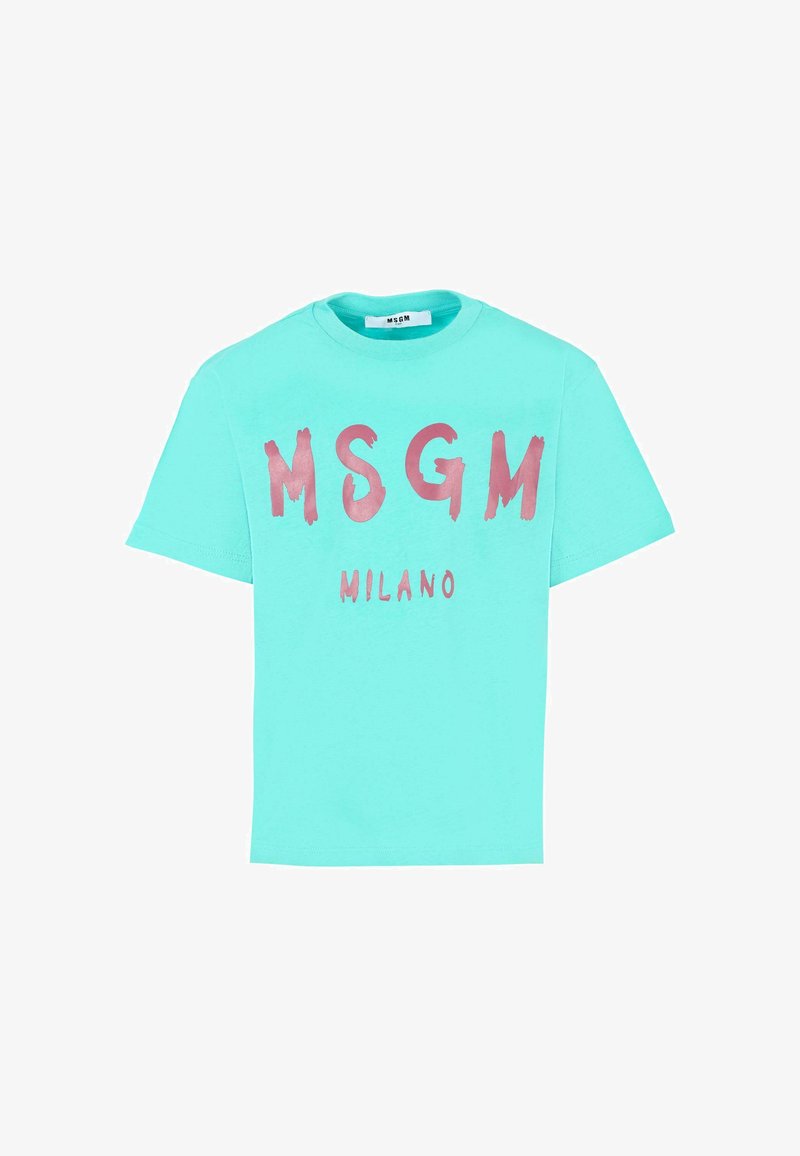 Turquoise t-shirt met korte mouwen met opvallende roze "MSGM" en "MILANO" branding in een penseelstreekstijl; gemaakt van katoen, met een relaxed fit.