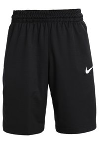 Bermudas deportivas negras hechas de un tejido ligero, con una cinturilla elástica y un logo blanco de Nike en la parte delantera izquierda.