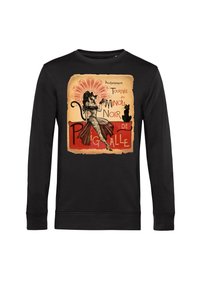 Felpa nera a maniche lunghe con un design di poster vintage che presenta un'illustrazione di una donna e di un gatto nero su uno sfondo beige texturizzato.