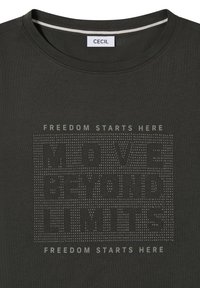 Dunkelgraues Baumwoll-T-Shirt mit rundem Ausschnitt. Grafischer Text "MOVE BEYOND LIMITS" in strukturierter Druckoptik, mit "FREEDOM STARTS HERE" darüber und darunter.