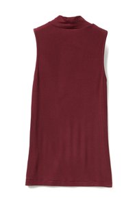 Bezramenný burgundský top vyrobený z ribbed materiálu s vysokým límcem. Hladká textura, přiléhavý střih a čistě dokončené okraje.