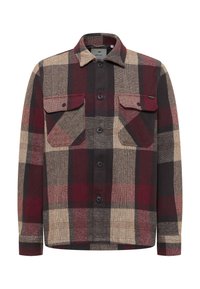 Koszula flanelowa w kratę w kolorach brązowym, bordowym i beżowym. Z kołnierzykiem, zapięciem na guziki oraz dwoma przednimi kieszeniami z patkami. Tkanina o fakturze.