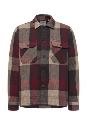 Koszula flanelowa w kratę w kolorach brązowym, bordowym i beżowym. Z kołnierzykiem, zapięciem na guziki oraz dwoma przednimi kieszeniami z patkami. Tkanina o fakturze.