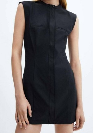 Zwart mouwloos minidress met een rits aan de voorkant, twee borstzakken en een getailleerde silhouet. Gemaakt van gladde, gestructureerde stof.