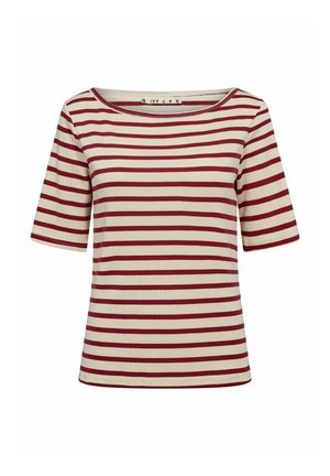 Rood- en crème gestreept T-shirt met korte mouwen en een ronde hals, gemaakt van een zachte stof; heeft horizontale strepen over het hele lichaam.