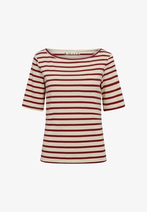 Rood- en crème gestreept T-shirt met korte mouwen en een ronde hals, gemaakt van een zachte stof; heeft horizontale strepen over het hele lichaam.