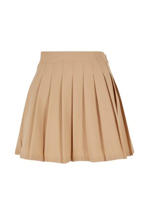 Jupe mini plissée beige avec taille haute et logo discret cousu sur le côté droit de la taille.