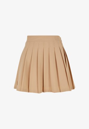 Beige plissierter Minirock mit hohem Bund und dezentem gesticktem Logo an der rechten Seite des Bundes.