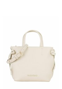 Borsa a mano in pelle color crema con doppi manici corti e tracolla regolabile. Presenta dettagli in metallo dorato e un logo del marchio sottile alla base.