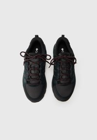 Schwarze Freizeitschuhe mit einem Obermaterial aus Netz und Wildleder, roten Akzent-Schnürsenkeln, strukturiertem schwarzen Außensohlen und gepolstertem Schaftrand.