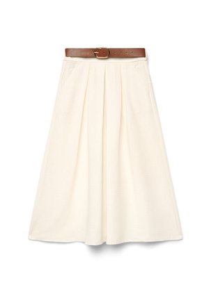 Spódnica w kolorze kremowym o kroju litery A z fałdami z przodu i bocznymi kieszeniami, zestawiona z brązowym skórzanym paskiem z złotą klamrą.