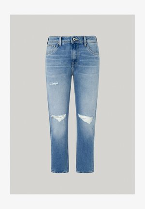 Gai zila denim auduma džinsi ar taisnu griezumu, kas izceļas ar nolietotām plīsumiem priekšā un piecu kabatu dizainu. Klasiska spiedpoga un jostu cilpas.