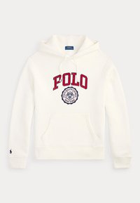 Λευκό hoodie Polo Ralph Lauren με κόκκινο κείμενο "POLO" και κυκλικό λογότυπο στο στήθος, μπροστινή τσέπη και κουκούλα με κορδόνι.