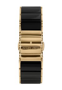Sort keramik- og guldfarvet metal armbåndsur med rektangulære led. Spænde med indgravering af "JACQUES LEMANS." Elegant design med en glat finish.