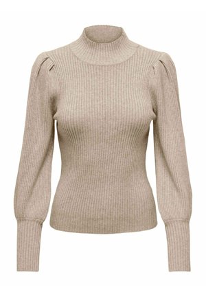 Beiger, gerippter Strickpullover mit gepufften langen Ärmeln, tailliertem Schnitt und hohem Stehkragen.