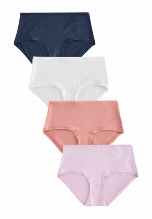 Vier dames hipster onderbroeken in donkerblauw, wit, perzik en lichtroze; soepel materiaal, middelhoge pasvorm, naadloze randen voor comfort.