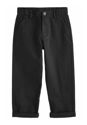 Chinos en coton noirs avec une coupe droite, dotés de poches latérales et d'un ourlet roulé. Comprend une fermeture à bouton à la taille.