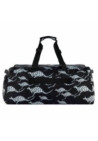 Black duffel bag featuring a pattern of running kangaroos in gray and white, with black accents and dual adjustable handles.