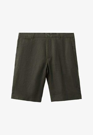 Dunkelolivgrüne, knielange Shorts mit Vorderknopf, Gürtelschlaufen und Seitentaschen vor weißem Hintergrund.