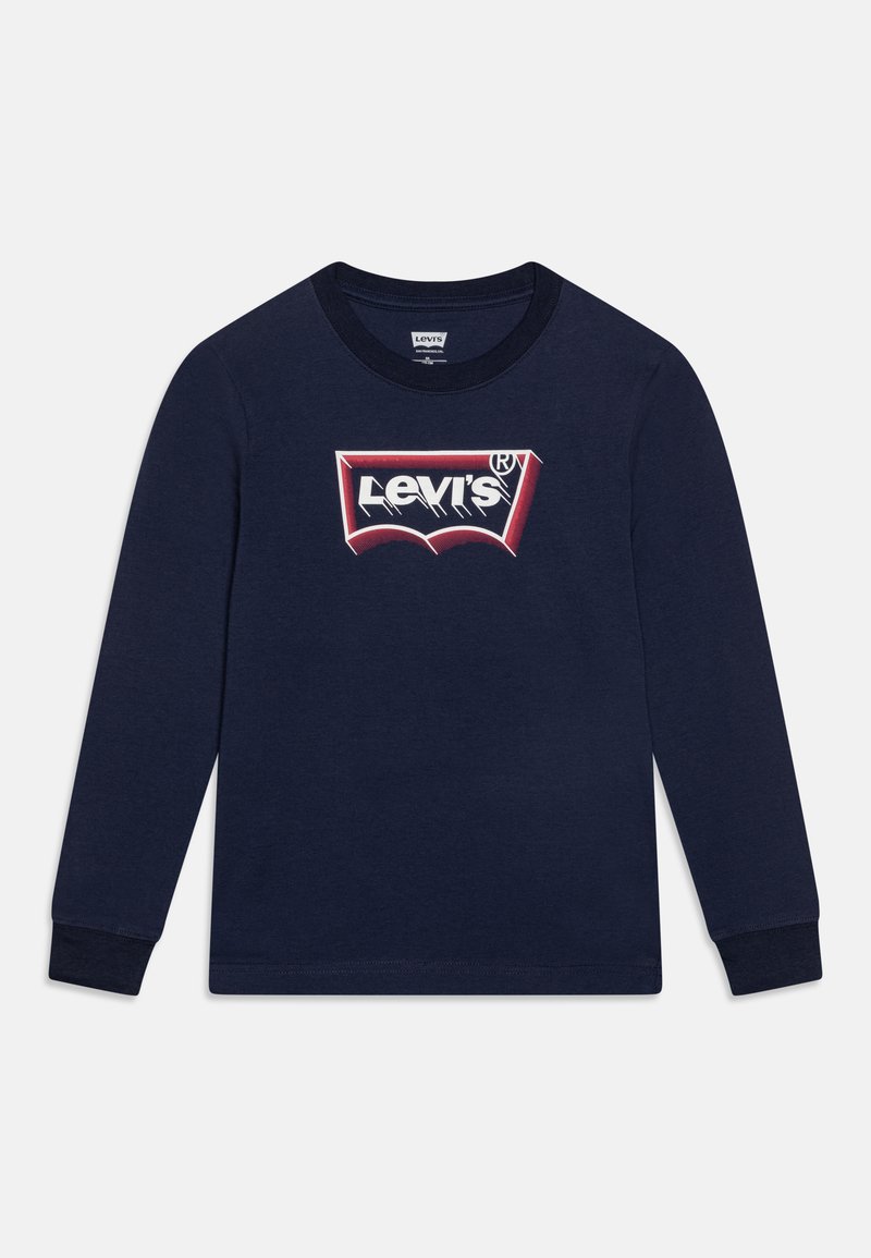 Camiseta de manga larga azul marino hecha de algodón, con un atrevido logo de Levi's en blanco y rojo en un diseño rectangular en la parte delantera.