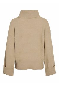 Bež pulover s pletenjem in visokim rebrastim ovratnikom. Ima oversized rokave z zavihki in skrajšan hrbtni del. Mehka tekstura.