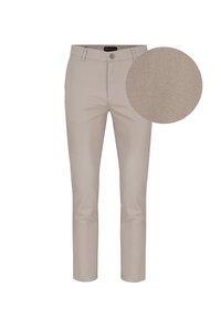 Beżowe spodnie slim-fit, o gładkiej fakturze, z zapięciem na guzik i subtelnym wzorem widocznym w okręgu wklejonym.