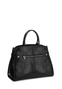 Melnas ādas rokassomiņas ar divām rokturiem, sudraba detaļām un priekšējo rāvējslēdzēja kabatu; strukturēts dizains un gluda tekstūra.