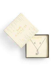 Ensemble de bijoux en argent comprenant un pendentif en forme de croissant de lune avec une étoile et deux boucles d'oreilles assorties, présentées dans une boîte crème avec des accents dorés.