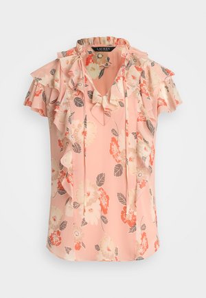 Floral blouse in light pink fabric, featuring ruffled cap sleeves, a V-neckline, and a mix of coral and cream flower patterns.