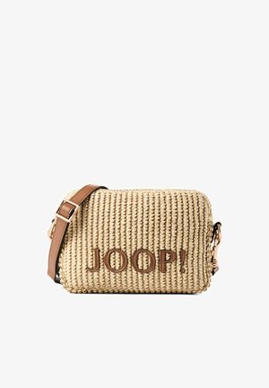 Sac bandoulière beige tissé avec sangle en cuir marron réglable et logo "JOOP!" brodé sur le devant.